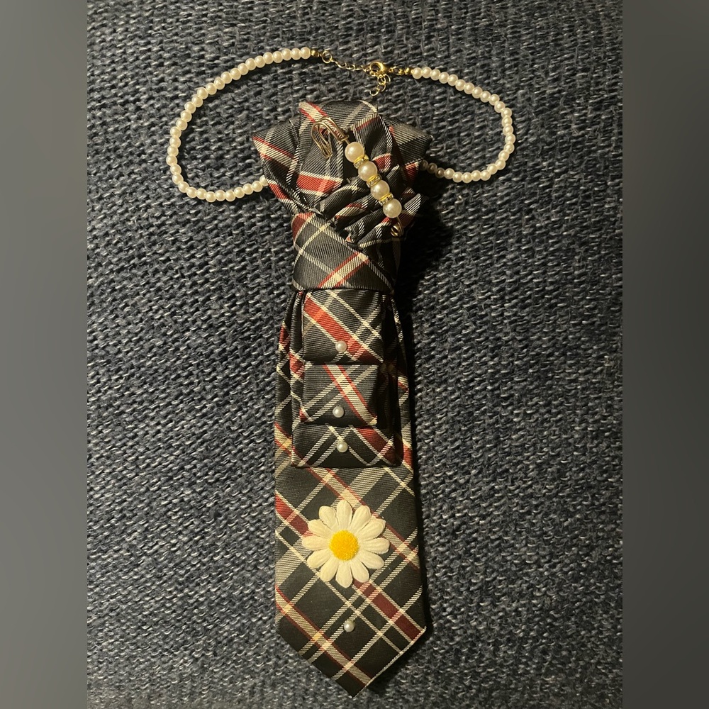 Plaid Black and Red Men’s Tie with Daisy Accent